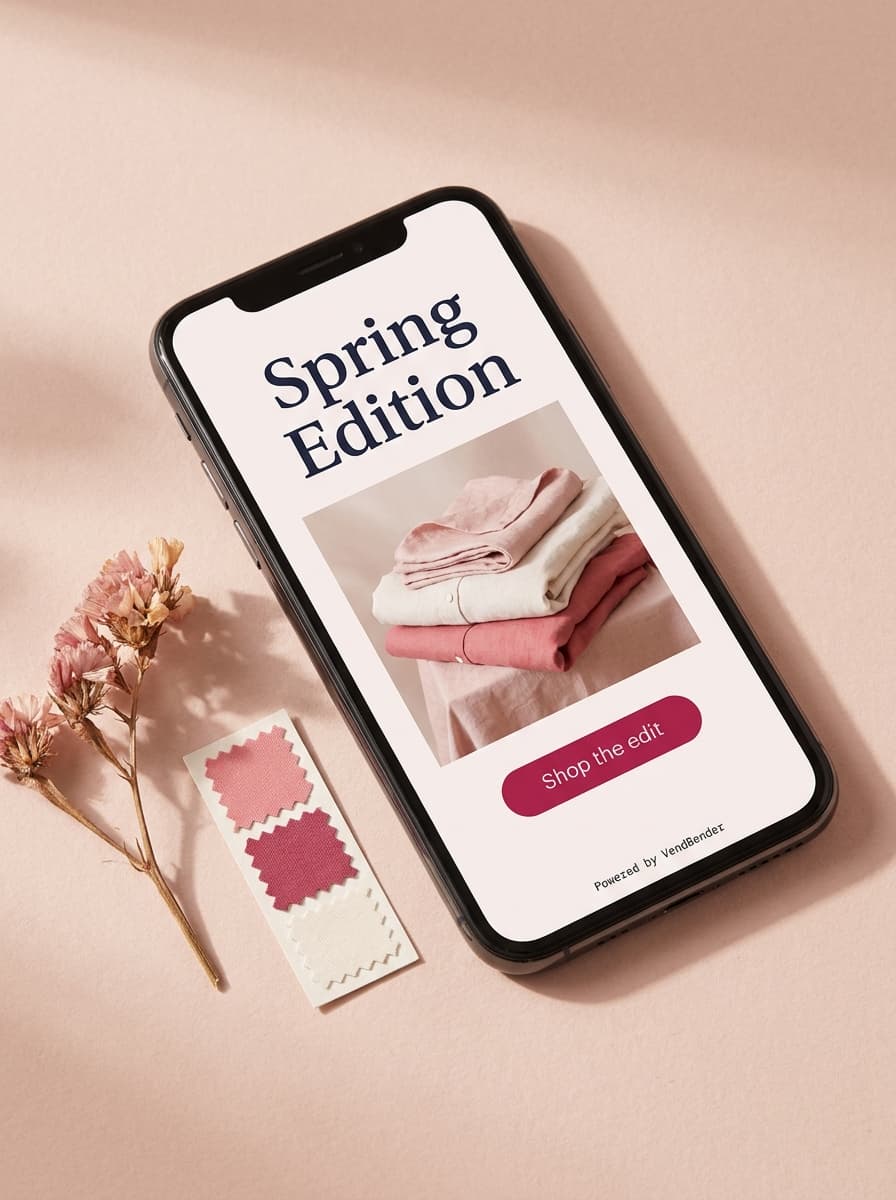 An editorial storefront previewed on a phone, photographed on warm blush paper.